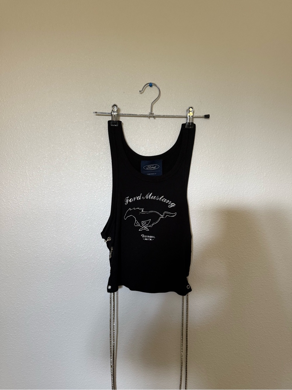 Forever 21 Black Ribbed Graphic Tank Top with Silver Print